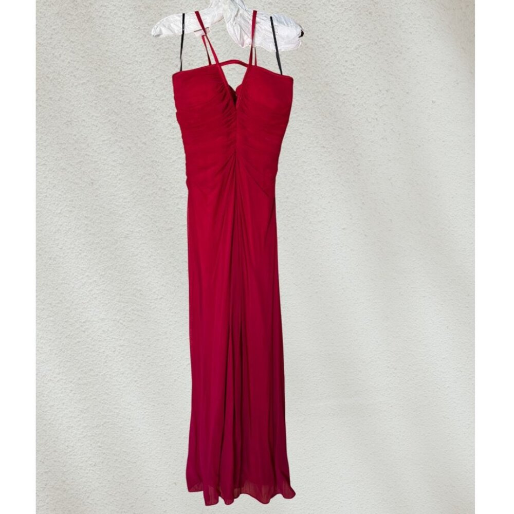 Tadashi Red Pleated Spaghetti Strap Gown